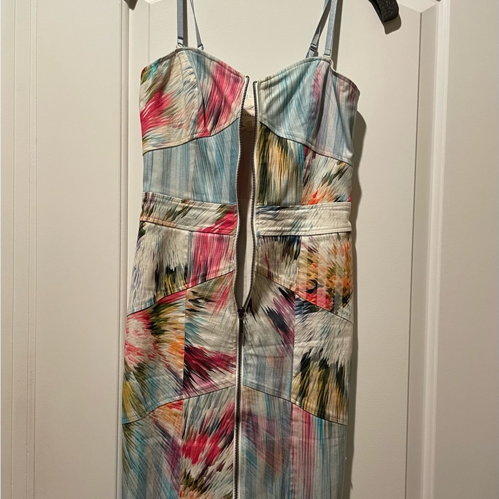 Artelier Nicole Miller Bodycon Full Zipper Tropical Print Mini Dress Size 2